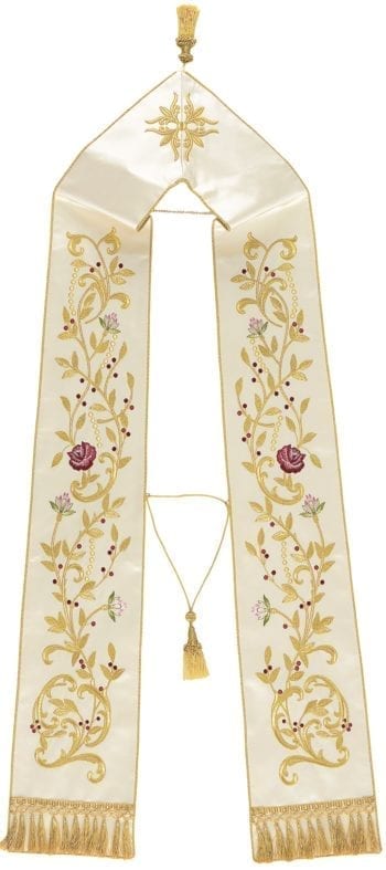 Stole "Smyrna" Maranatha Lab in pure silk embellished with direct gold embroidery of floral motifs.