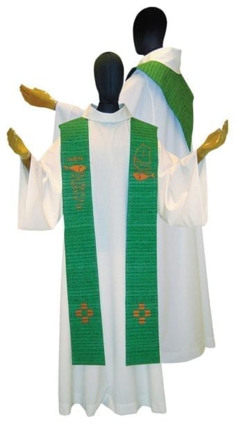 Maranatha Lab "Abel" stole in raw silk with stylized embroidery of Christian symbols