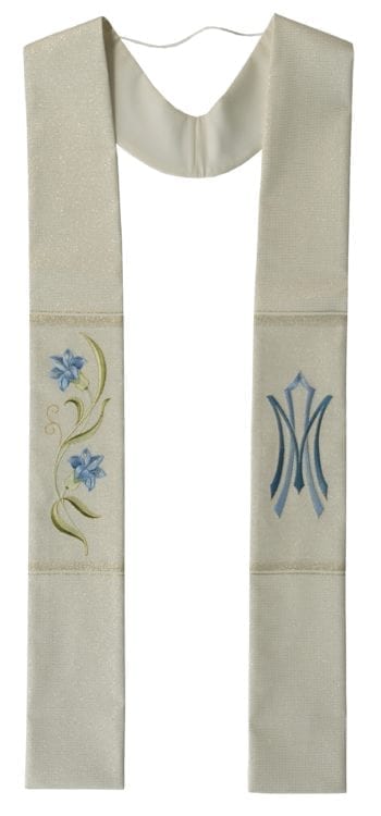 Maranatha Lab "Refuge" stole in lamé fabric with direct embroidery of blue lilies on the right side and Marian symbol on the left