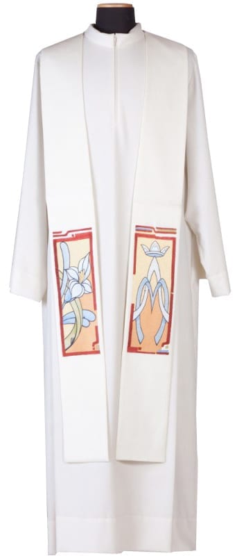 Maranatha Lab "Myriam" stole with a classic cut embroidered with Marian symbols in pastel colors