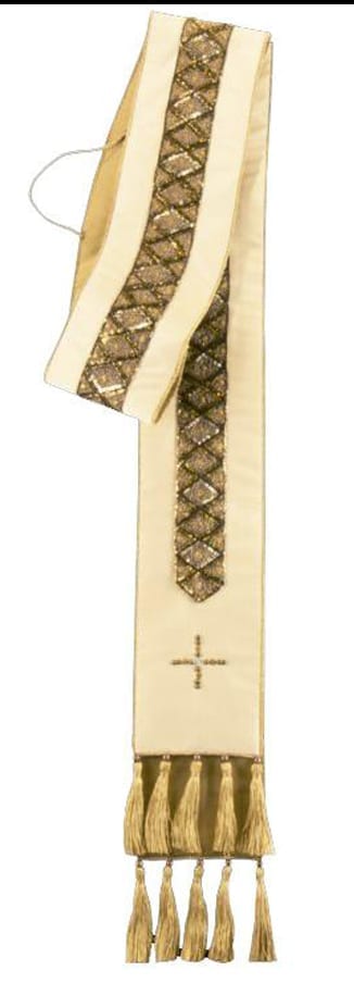 Stola “Anania” Maranatha Lab in pura seta impreziosita da ricamo orientale a perline con croce e frange in fili oro