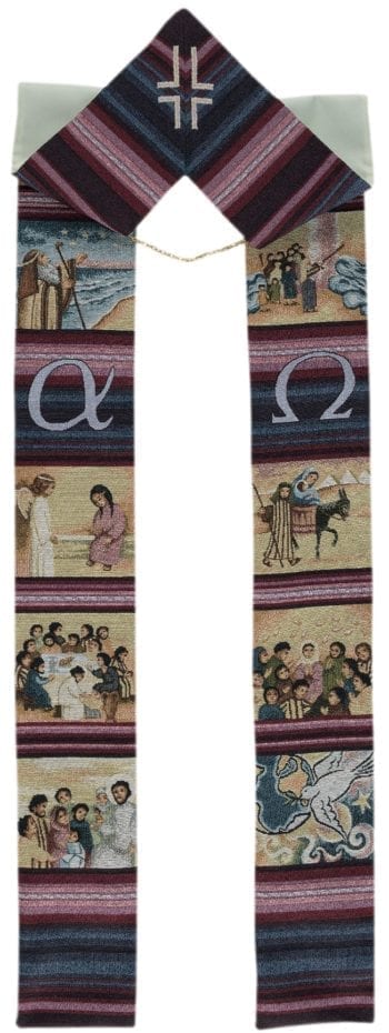 "Egypt" frame stola entirely woven and embroidered in frame with evangelical scenes and Alfa and Omega symbols