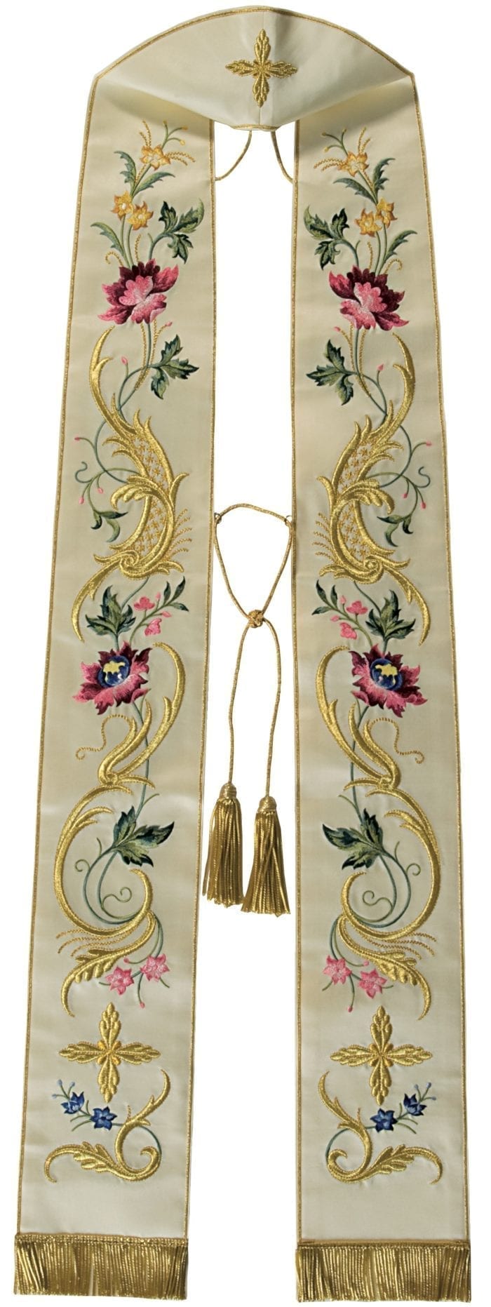 "Onesimo" Maranatha Lab stole in satin fabric, entirely embroidered in gold with floral motifs and crosses