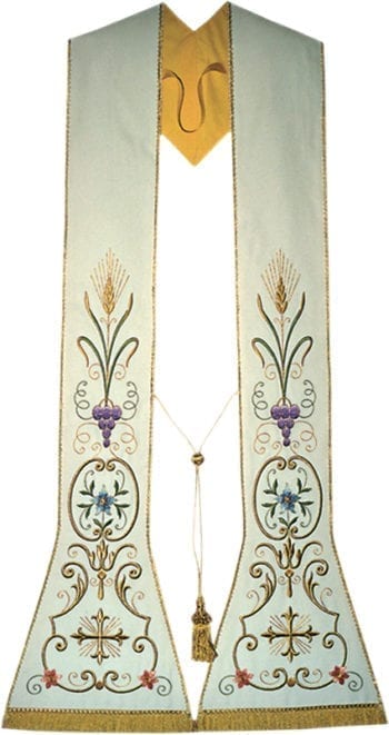 Stole "Pio" Maranatha Lab Roman in moella embroidered with floral motifs, ears of wheat, bunches of grapes