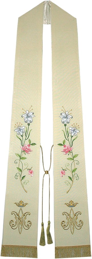 Stole "Maria" Maranatha Lab classic embroidered with flowers and Marian symbol and fringes in gold threads at the ends