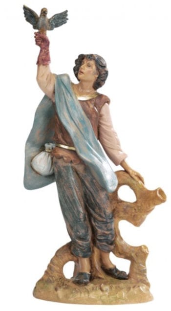 Uomo con colombe Fontanini statua per Natività in resina dipinta a mano ad effetto legno