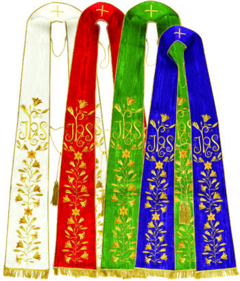 Maranatha Lab "Zaccheo" stole in pure silk fabric embellished with gold embroidery with floral and Jhs motifs.