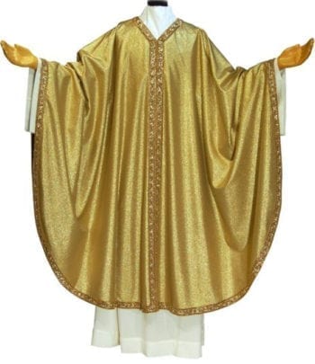 Casula "Oro" Maranatha Lab in lana lurex dal taglio classico impreziosita da collo stolone e bordo ricamato in oro a motivi orientali