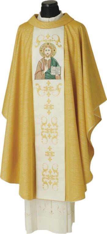 Casula "Pantocrator" Maranatha Lab in lana lurex oro con stolone con decori classici ed effigie del Cristo Pantocratore