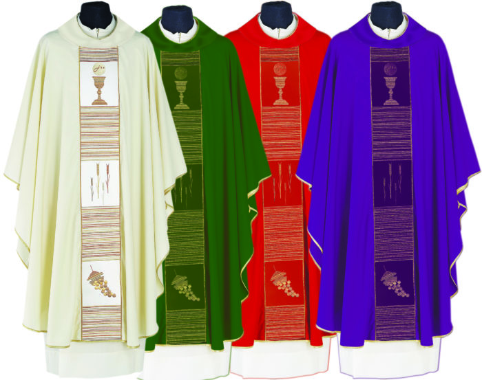 Casula “La Verna” Maranatha Lab con stolone ricamato a trame nelle tonalità sfumate in tessuto fresco lana