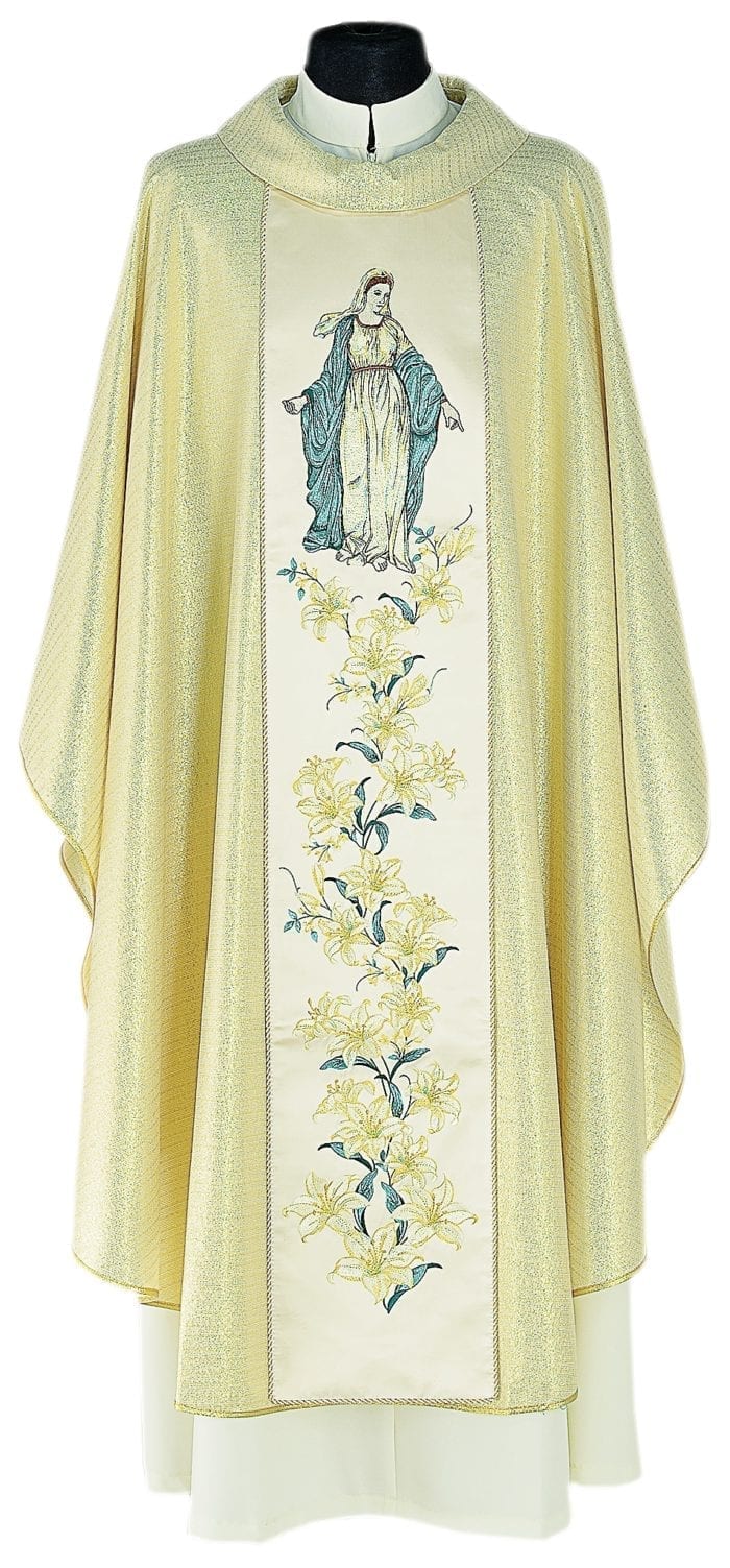 Casula "Zàbulon" Maranatha Lab in tessuto misto lana con stolone ricamato a motivi floreali e Vergine Maria.