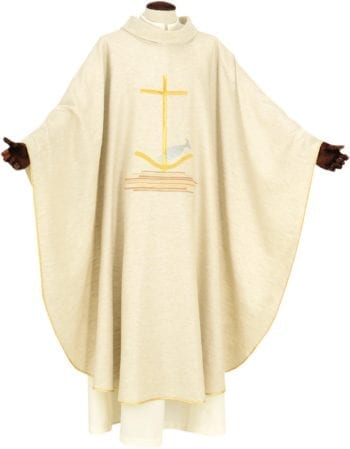 "Santa Chiara" Maranatha Lab chasuble in hemp and linen enriched by direct embroidery with anchor and fish motifs.