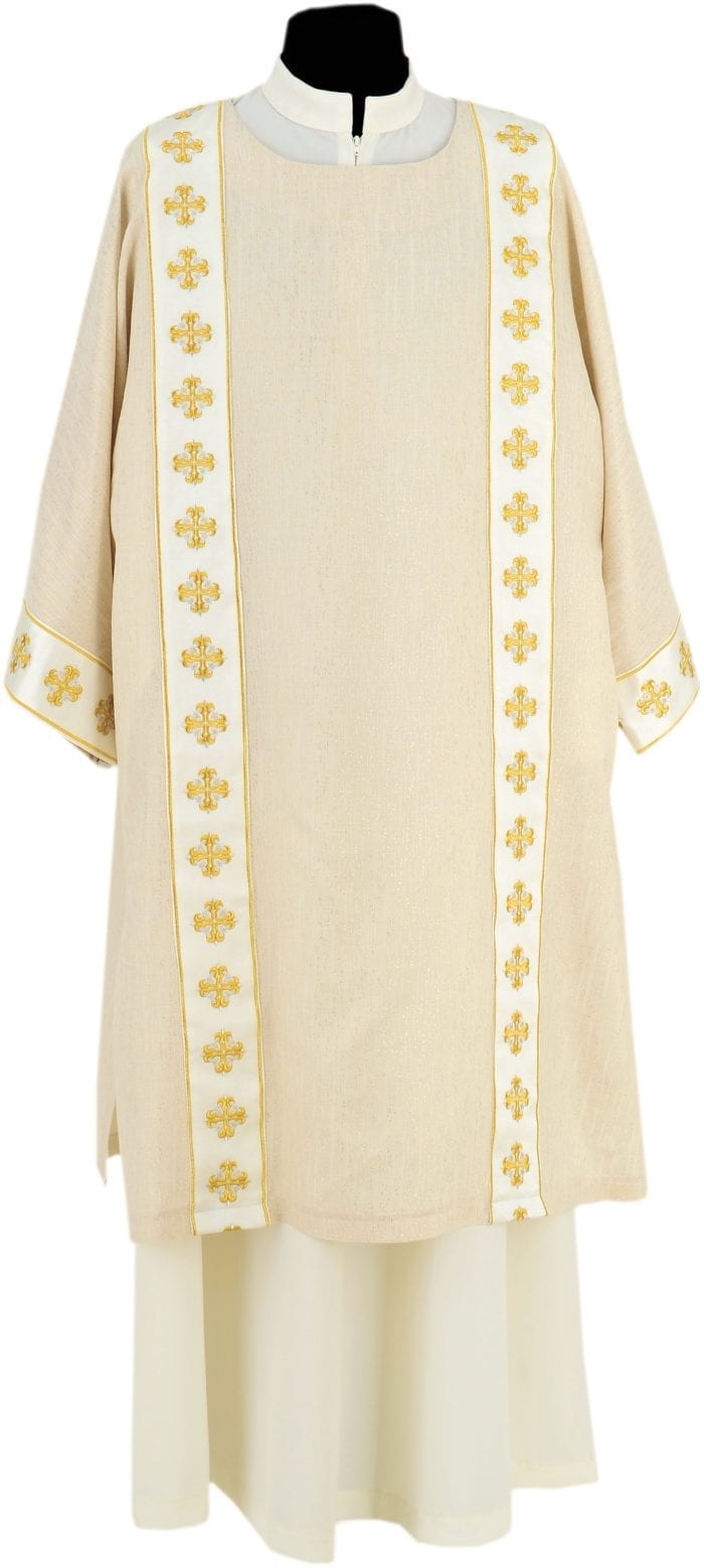Dalmatic "Parmenas" Maranatha Lab manufactured in light fabric with gold embroidered chevron with cruciform motifs
