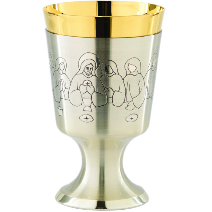 "Bread-Broken" Glass Maranatha Lab in silver brass with chiseled scenes from the Last Supper