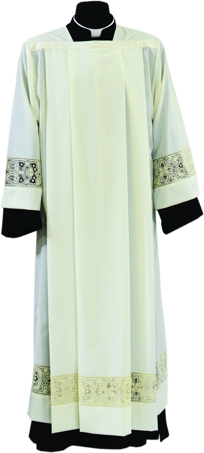 "Marcello" Maranatha Lab gown in wool blend fabric with Renaissance lace applied to the edges.