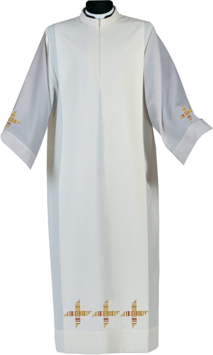 "Uria" Maranatha Lab coat in wool fabric enriched with weft embroidered crosses.
