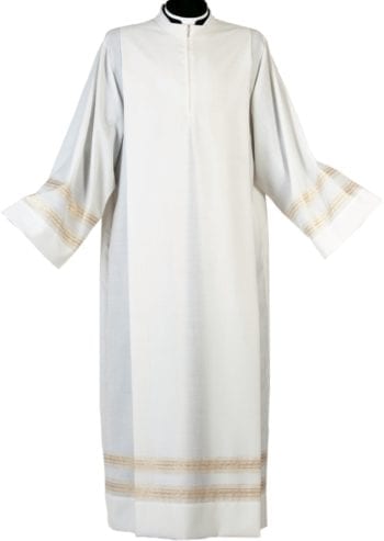 Maranatha Lab "Warsaw" gown in cool wool fabric decorated with striped texture at the edges.