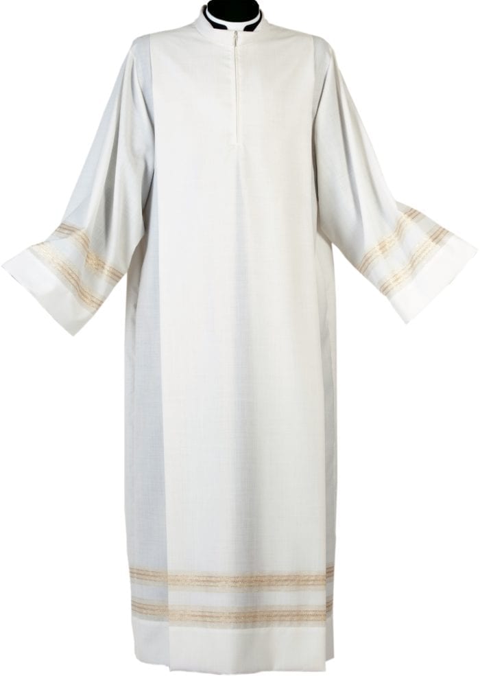 Maranatha Lab "Warsaw" gown in cool wool fabric decorated with striped texture at the edges.