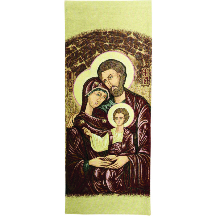 "Holy Family" cover with polychrome fabric and embroidery entirely made to the frame