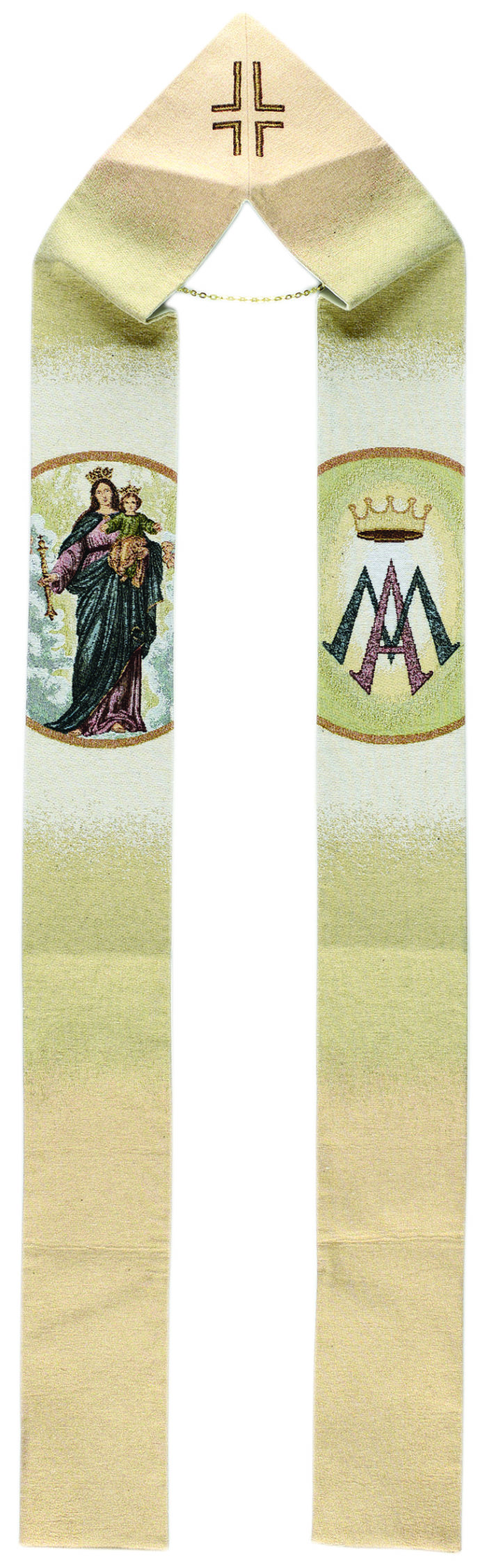 Stola mariana "Ausiliatrice" interamente tessuta e ricamata al telaio con effigie della Vergine Ausiliatrice