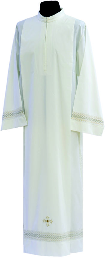 "Gianni" Maranatha Lab gown in cotton blend fabric decorated with rhomboid embroidery and cruciform symbol.