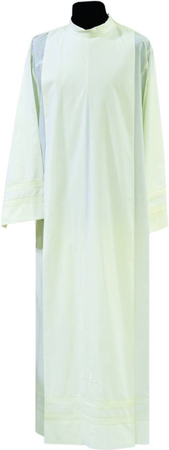 Maranatha Lab "Corner" gown in cotton blend fabric decorated with two rows of embroidery and cruciform symbol.