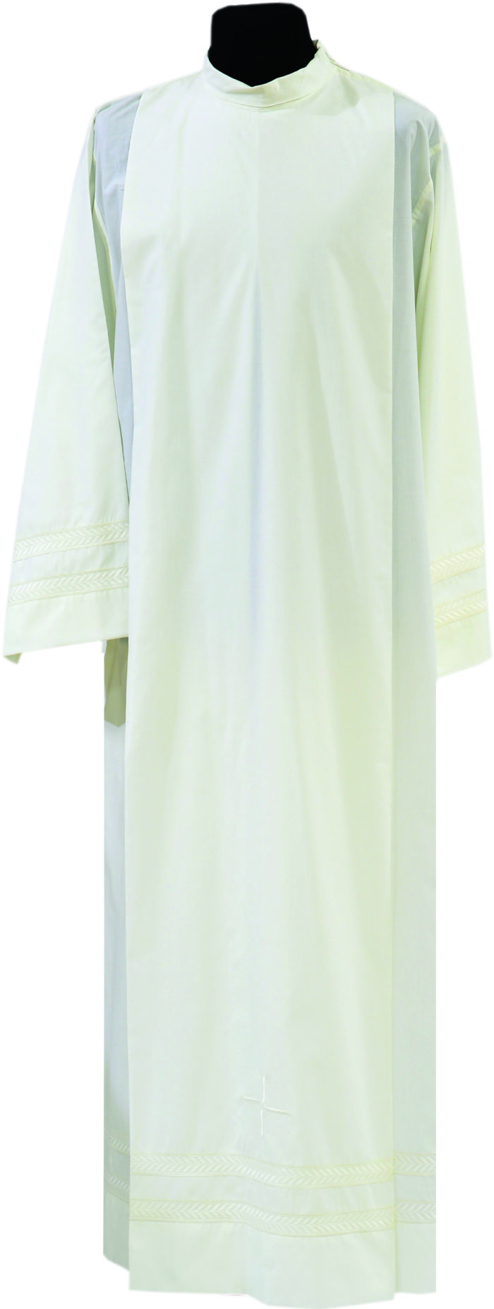 Maranatha Lab "Corner" gown in cotton blend fabric decorated with two rows of embroidery and cruciform symbol.