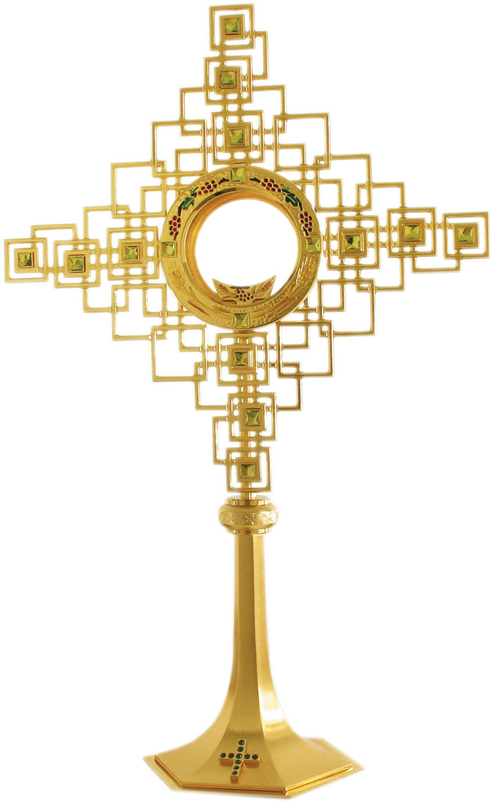 Modern ostensorium enamelled in chiseled golden brass and embellished with swaroski stones set on the ray system