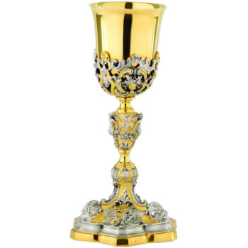 Chalice "Kingdom" Maranatha Lab baroque style in two-tone silver chiseled by hand with rich chisel of Baroque friezes