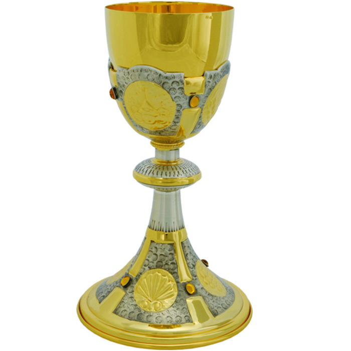 Maranatha Lab two-tone brass goblet hand chiseled with amber-colored set stones