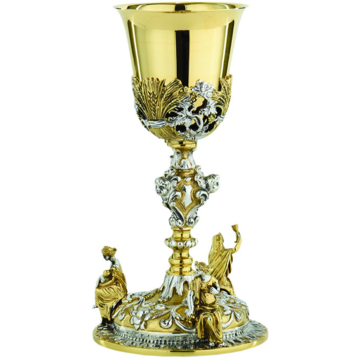 Calice "Virtù" Maranatha Lab baroque style in two-tone brass embellished with statues of theological virtues