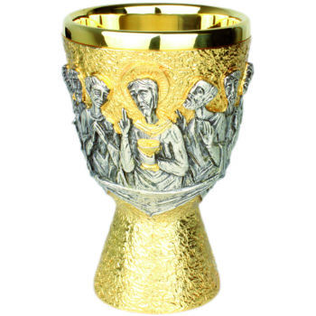 Calice “Nicea” Maranatha Lab stile moderno in ottone bicolore cesellato con scene dell'Ultima Cena