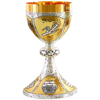 Chiseled two-tone hammered brass goblet with motifs of Eucharistic symbols and crown of thorns at the handle