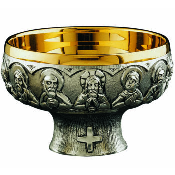 Cenacle plate in silver-plated brass casting and golden cup interior with a minimal design and decorated with the scene of the Last Supper