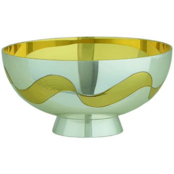 piatto in ottone bicolore in stile contemporaneo coordinato a calice e pisside e decorato con una greca dorata martellata. Interno coppa dorato.