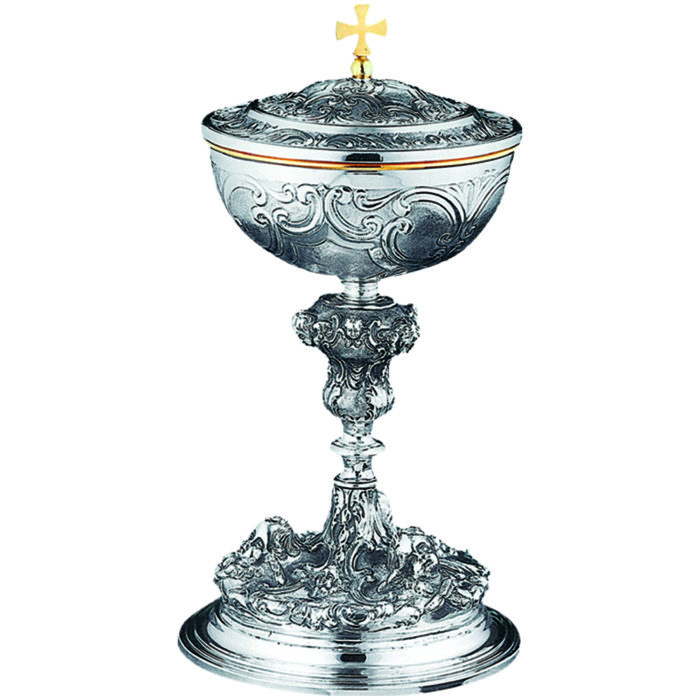 Pisside "Angelica" Maranatha Lab baroque style in silver entirely chiseled by hand with golden cup interior