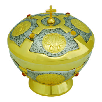Pisside "Mensa" Maranatha La in two-tone brass chiseled with amber-colored incastinate stones