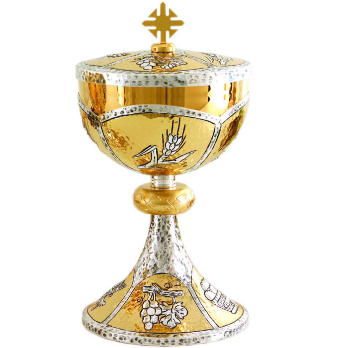 Two-tone hammered brass, hammered and chiseled entirely with Eucharistic motifs