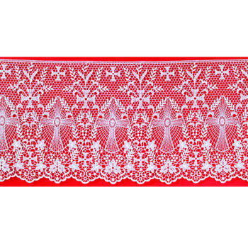 Maranatha Lab "Genova" border in linen fabric decorated with floral motif macramé lace and cruciform symbols.