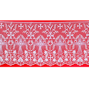 Maranatha Lab "Genova" border in linen fabric decorated with floral motif macramé lace and cruciform symbols.