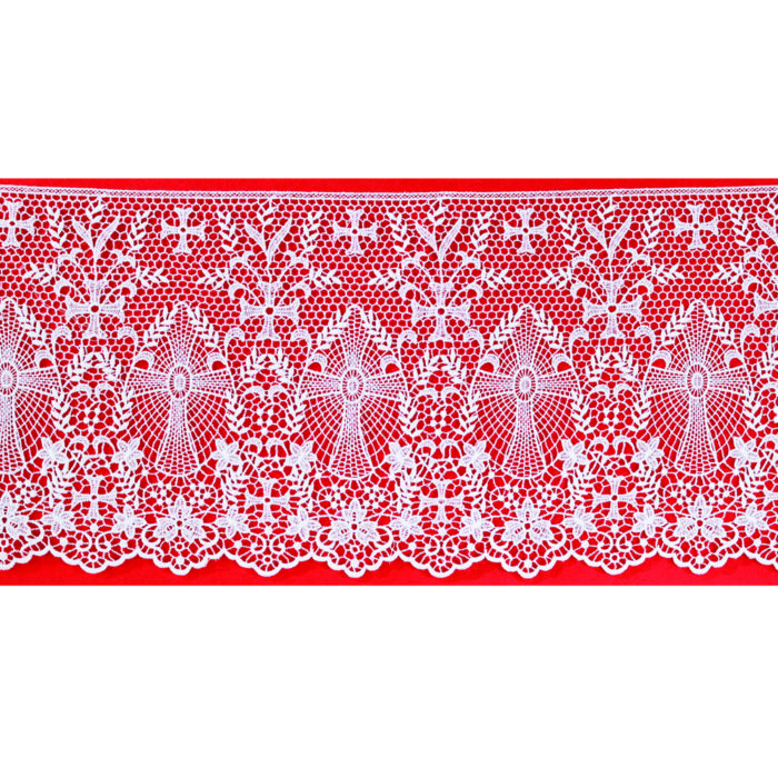 Maranatha Lab "Genova" border in linen fabric decorated with floral motif macramé lace and cruciform symbols.