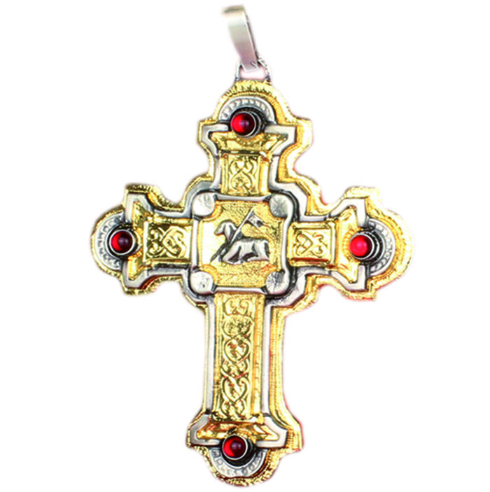 Maranatha Lab Bib Cross in two-tone brass with ruby red set stones