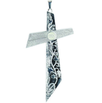 Croce pettorale "Vite&Grano" in argento cesellato a mano con motivi eucaristici e simbolo "Jhs"