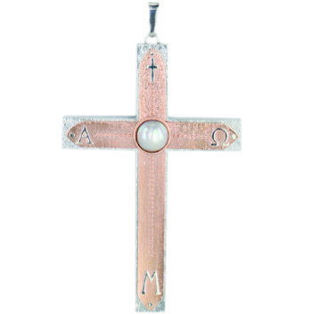 Croce pettorale "Alfa-Omega" realizzata in argento finitura rame con incisione dei simboli Alfa e Omega