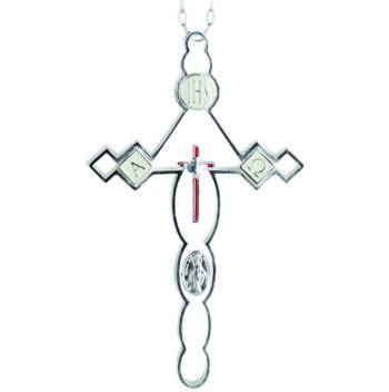 Croce pettorale mariana in argento cesellato e smaltato con simboli Alfa Omega Jhs ed effigie mariana