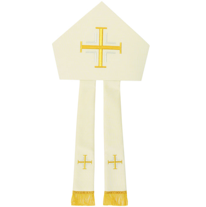 "Jerusalem" Maranatha Lab miter in cool wool fabric, enriched by direct embroidery of cross symbols.
