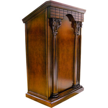 Classic ambone in handmade walnut-dyed wood and decorated with classic pilasters