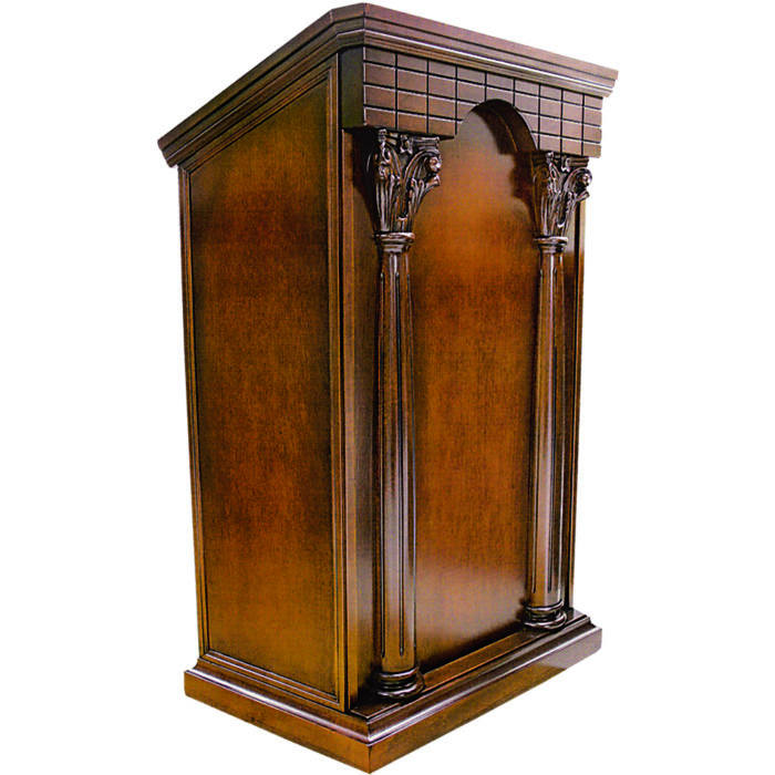 Classic ambone in handmade walnut-dyed wood and decorated with classic pilasters