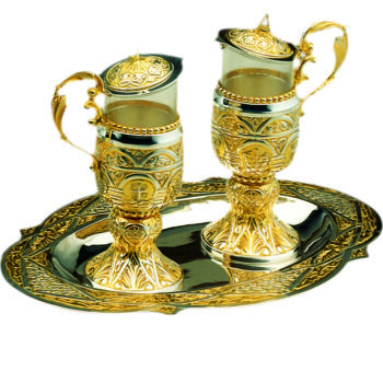 ampoliine set complete with two-tone brass tray in Romanesque style