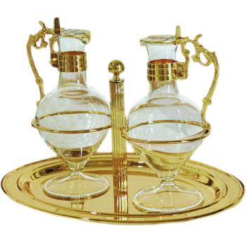 Ampolline classiche in ottone dorato con incisione e smalto dei simboli dell'acqua e dell'uva